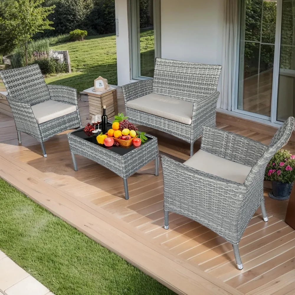 Ensemble de meubles de terrasse en rotin, canapé double, ensemble de réception extérieure, équipé d'une table basse et de coussins souples, 4 pièces