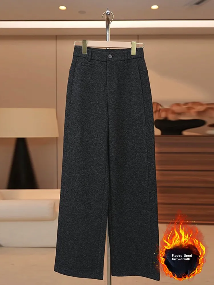 Thiened Fce Pantaloni di lana a gamba dritta a vita alta Pantaloni casual da donna Autunno Inverno Nuovo Sle Dimagrante Gamba larga allentata...