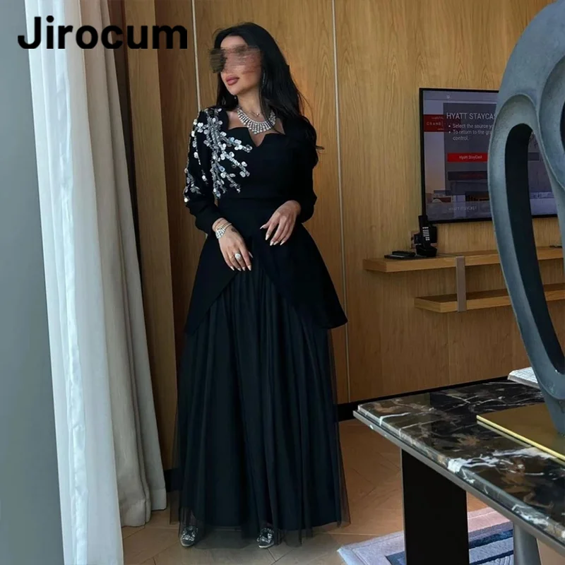 

Jirocum Elegant Black A Line Prom Dresses Women's Tulle Long Sleeve Sequin Party Evening Gown Custom Saudi Formal Occasion Dress