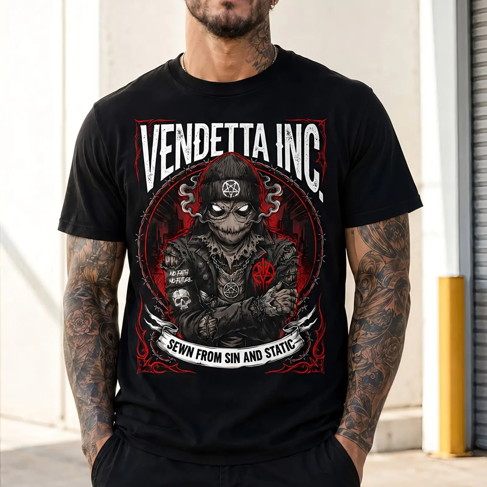 Vendetta Inc Herren kurzarm T Shirt Sin Static schwarz Rundhals S 5XL vintage Washed Stylish Soft fashion streetwear graphic