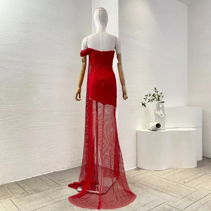 Women's Success  Party Red Diamonds Lace Sexy Elegant Attractive High Quality Good Luck Slim Fit Tube Maxi Dresses 2025