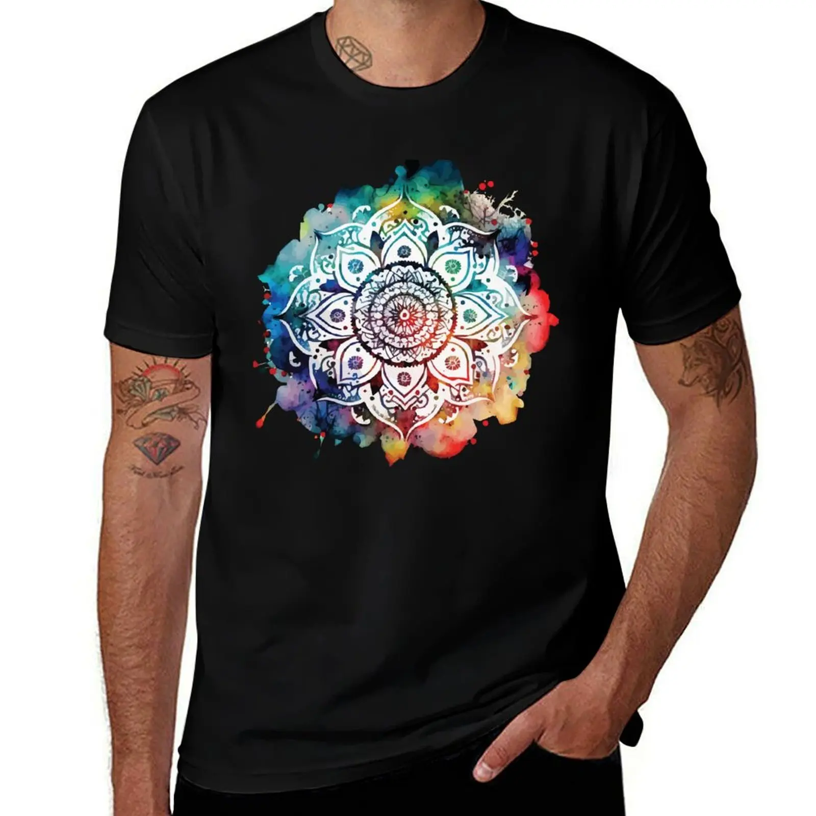 A Stencil Boho Mandala with Watercolor Background - Sacred Space Mandalas Collection T-Shirt anime Men's t-shirts