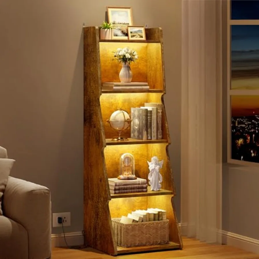 

5-Tier Open Bookcase and Bookshelf with LED Light Floor Standing Display Storage Shelves Wood Modern Display Organizer for Home