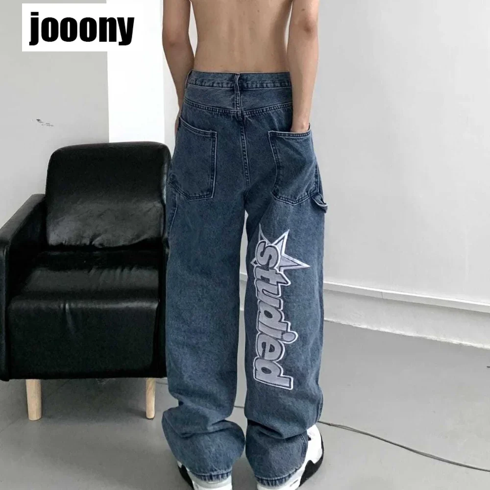 Print Straight Wide Leg Pants Baggy Denim Trousers Men Low Rise Jeans Clothes Y2K Women Korean Fashion Streetwear Casual Letter