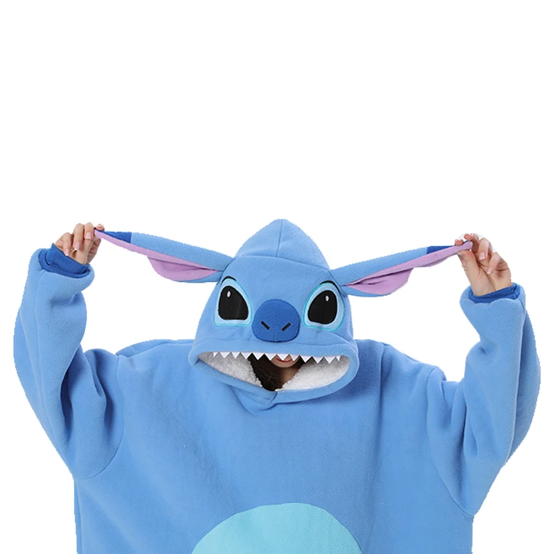 Cartoon Stitch Winter Hooded Kawaii Animal Blanket Women Oversized Clothes With Sleeves Large Pocket Warm Soft Thick TV Hoodie