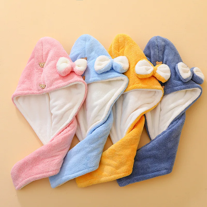 Thickened Water-Absorbing Hair-Drying Cap for Women with Double-Layered Bow, Cute Coral Fleece Hair-Drying Headband