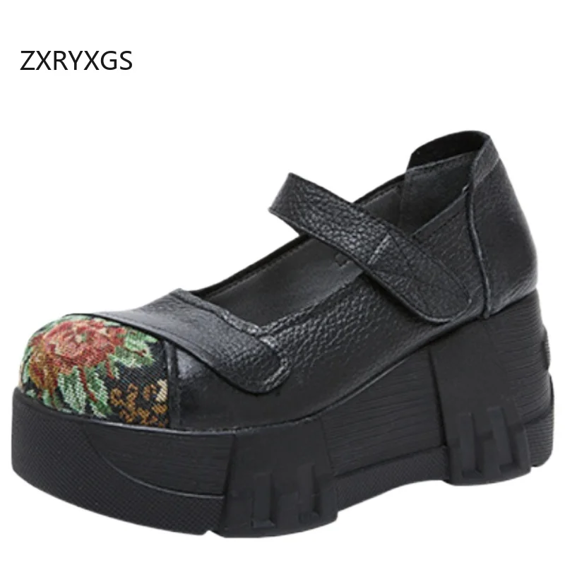 ZXRYXGS 2025 New Chinese Style Classic Flower Women Fashionable Shoes Platform Wedges Increase High Heels Genuine Leather Shoes