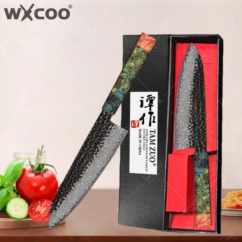 WXCOO TAMZUO Forged Damascus Steel Professional Japanese Kitchen Knife Custom 8 inch Chef Knife Meat Cleaver Boning Knife