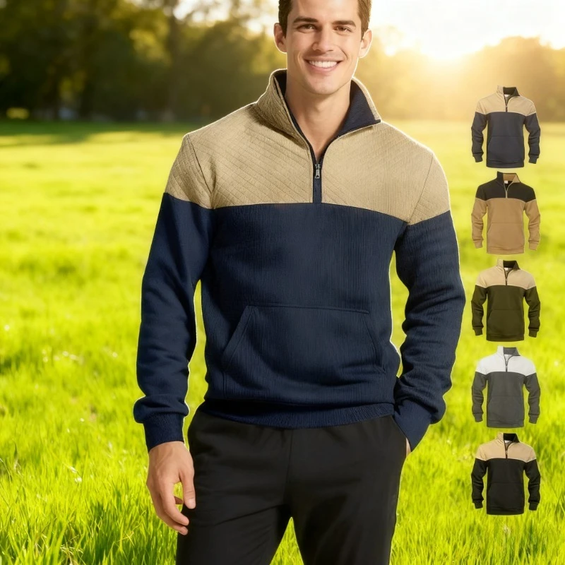

2025 New Men's Zipped Polo Shirt, American Style Knit Long Sleeve Top for Big & Tall Fall Fashion