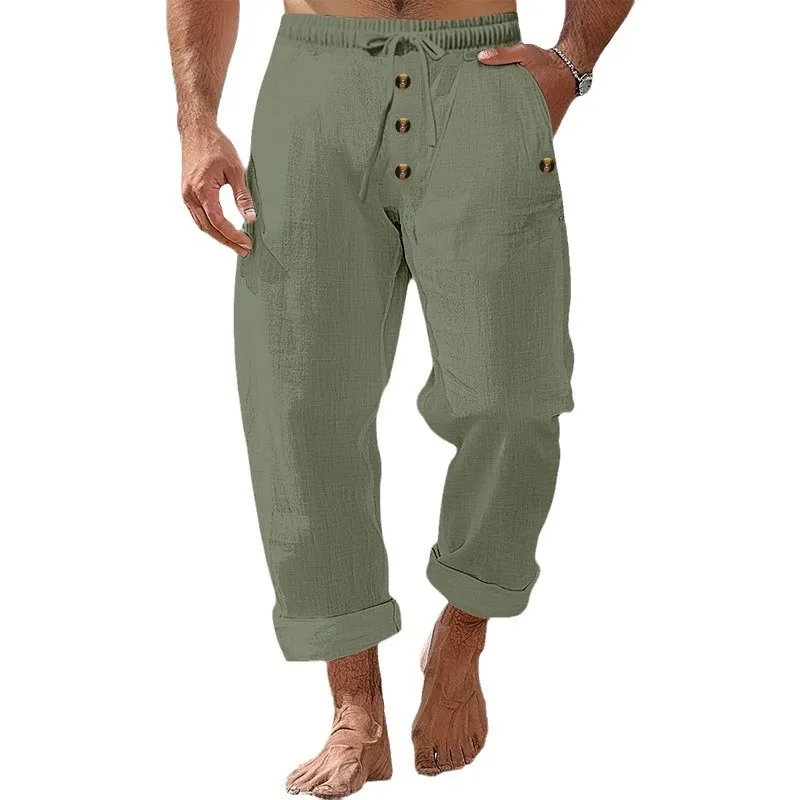 

Spring and Autumn American Beach Pants Solid Color Cotton Line Loose Drawstring Button Casual Pants Men