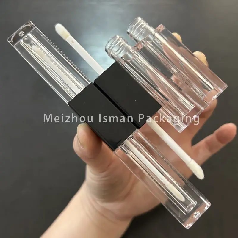 50Pcs Empty luxury 6ml double side empty square lip gloss tubes 2 in 1 clear black lipstick lipgloss packaging 3ml*2