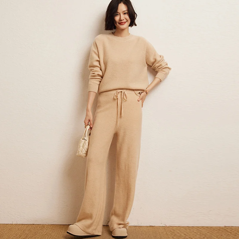 Autumn Winter High Quality Fashion Suit 100% Cashmere Knit Sweater Women Pullover And Wide Leg Pants Two-Piece Female Girl Cloth