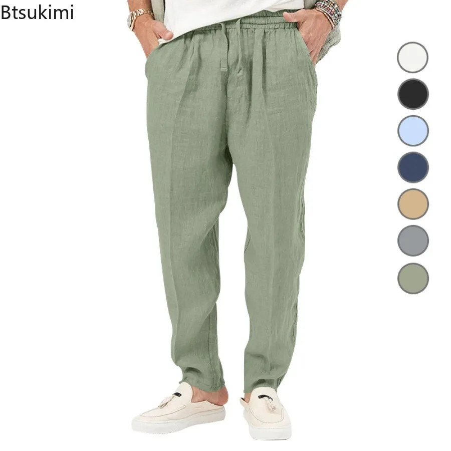 

2026 New Mens Fashion Cotton and Linen Casual Pants Simple and Comfortable Straight Leg Pants Waist Drawstring Plus Size Looser