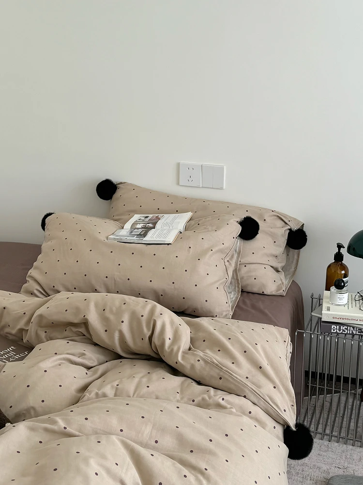 YAKEHOME Vintage Coffee Dot Cloudy Double Layer Cotton Quilt Cover Four Piece Set Bed Sheet Cover Pure Cotton Bedding Set