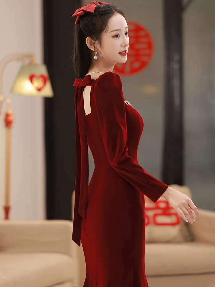 

Red Velvet Long Sve Fi Tail Wedding Dr for Bridal Return Visit Winter Cany Year End Par Korean Sle Pure Color