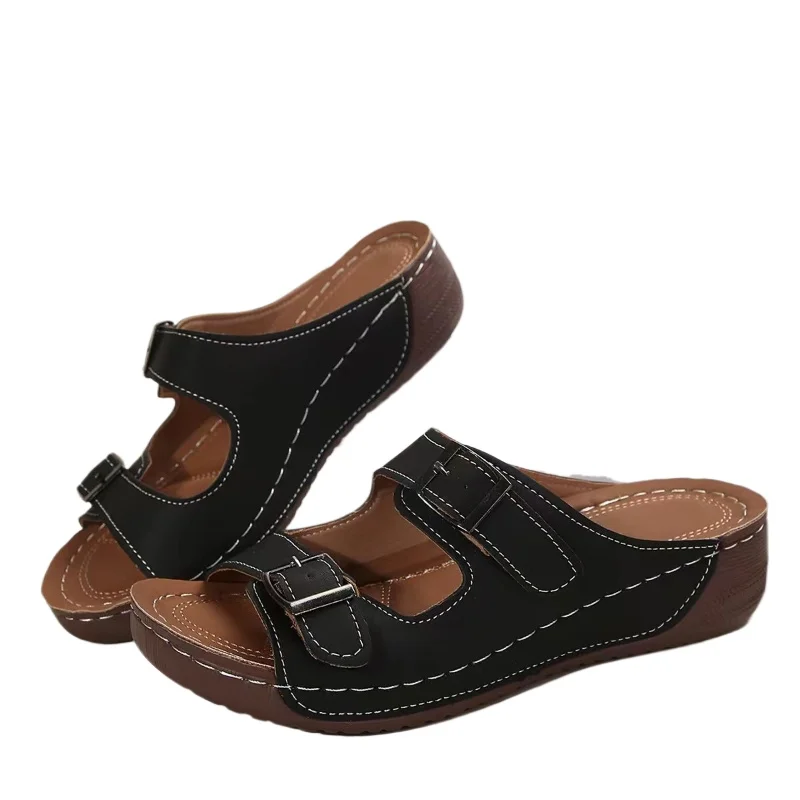 

Новые женские летние модные туфли: удобные сандалии на танкетке с двойной пряжкой, большие размеры (до 43), на толстой подошве, повседневные шлепанцы