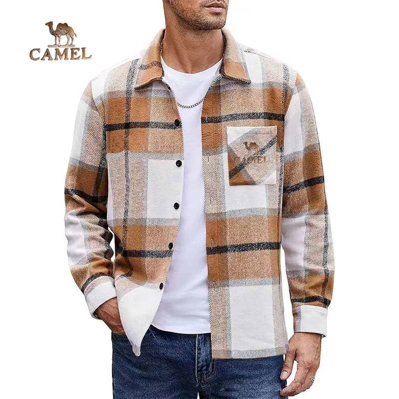 Camel Spring and Autumn Foreign Trade Men's Woolen Checkered Long sleeved Shirt Men's Casual Color blocked Cardigan Shirt Coat