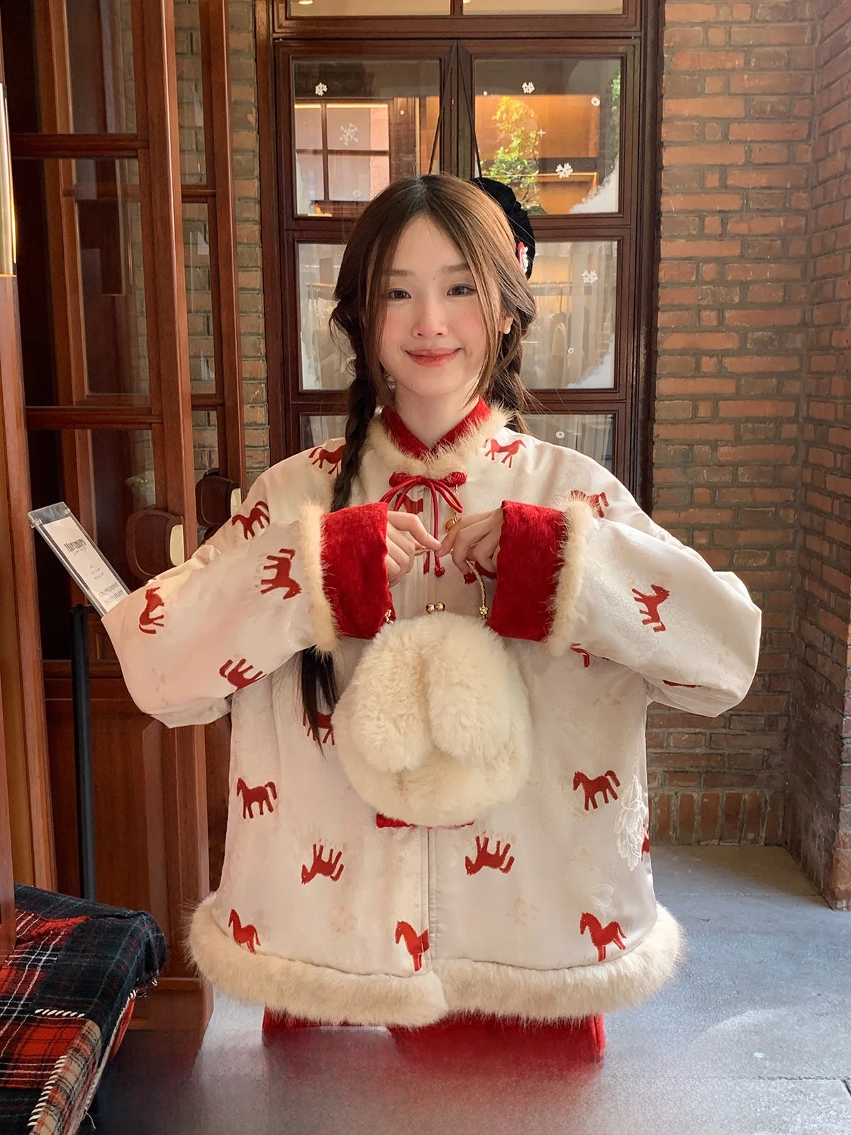 

Cheese Day New Year Women's Outfit Sweet Atmosphere Design Winter Coat Skirt Set Cute Vintage Style Polyester Fiber
