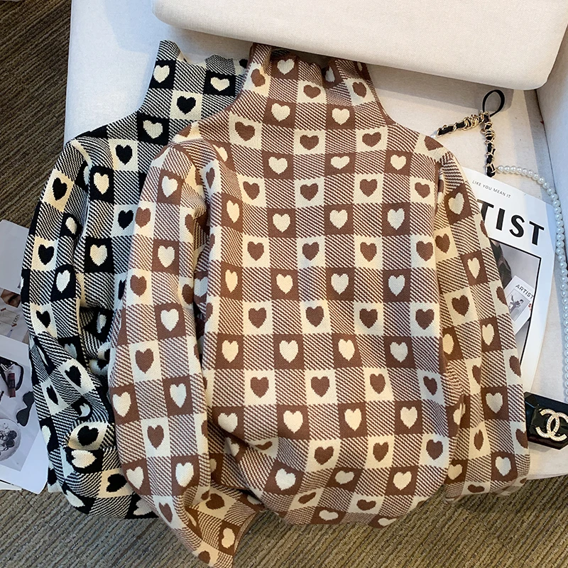 Women Black Plaid Knit Pullover Sweater Harajuku 2000s Vintage Y2k Long Sleeves Turtleneck Cashmere Sweaters Clothes 2025 Autumn