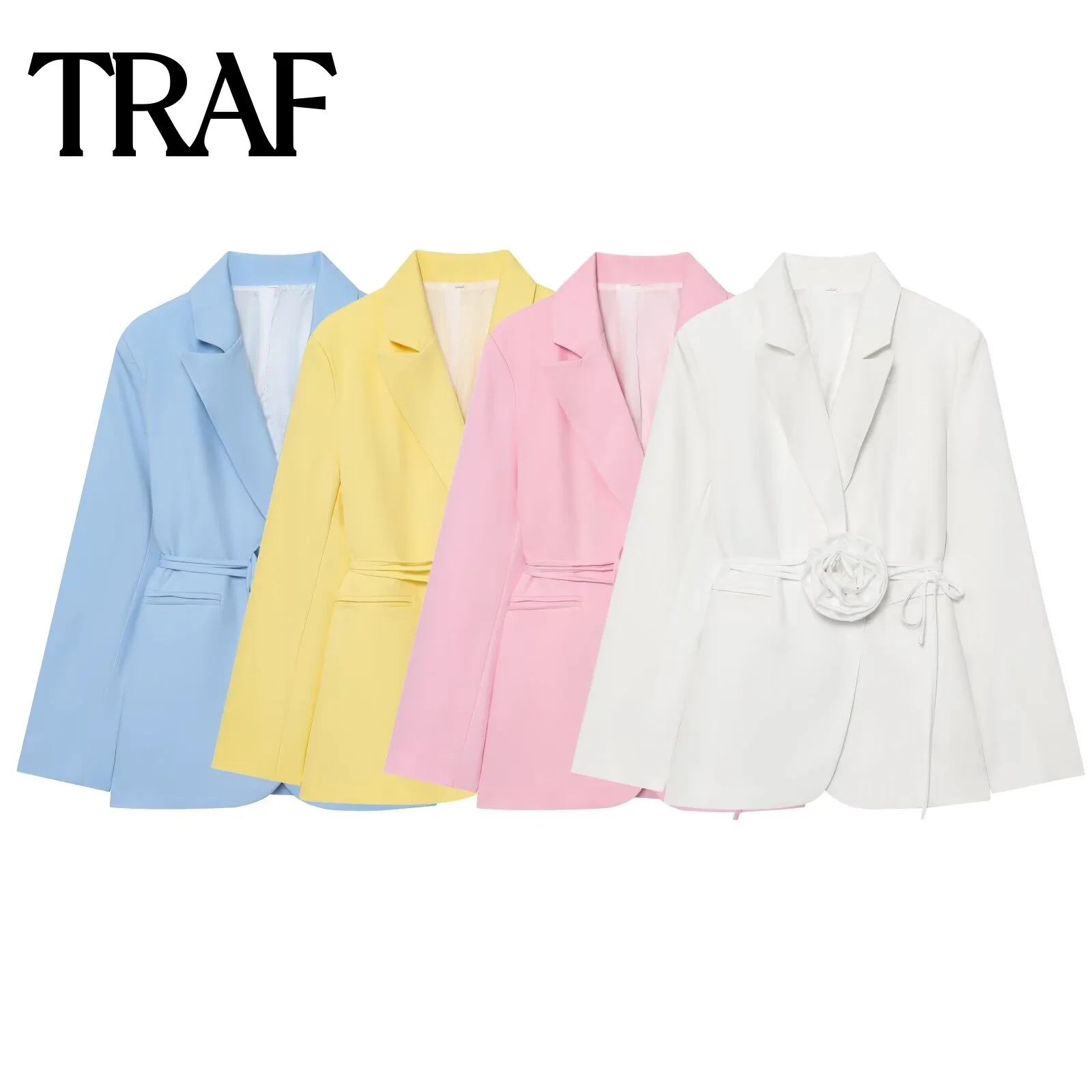 

TRAF Autumn New Women's Fashion Versatile Long Sleeve French Lace Flower Suit Coat Small Fragrant Style Neon color