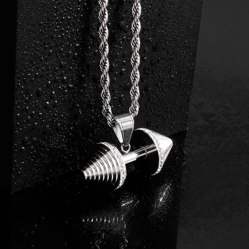 Fongten Dumbbells Hanger Ketting Voor Mannen Rvs Strass Fitness Twist Ketting Mannen Necklack Goud Zilver Kleur Sieraden