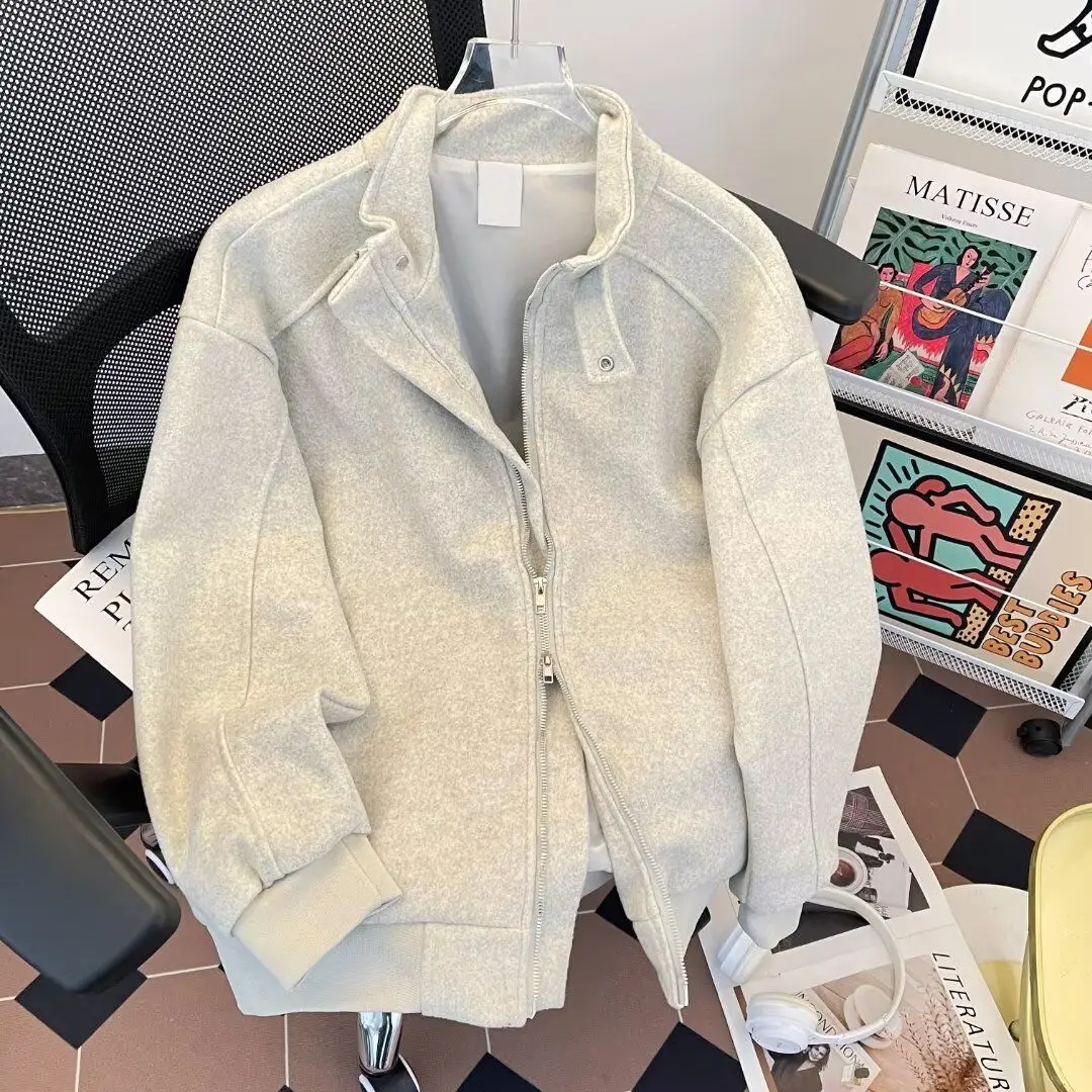 

American Retro Stand Collar Open Cardigan Sweatirt Jaet Men's Autumn Winter Loose Large Size Spor ey Versatile Jaet