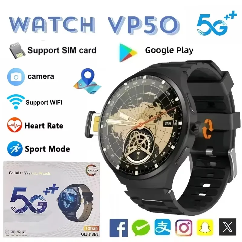 VP50, nouvelle montre connectée 4G/5G LTE, système Android, écran large de 1,75 pouce, caméra rotative, GPS, WIFI, appels internationaux, montre connectée pour hommes et femmes.