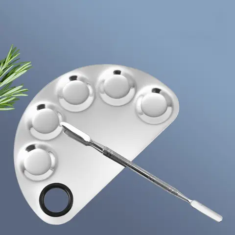 Bilashmart 2PCS 5-Well Makeup Palette with Spatula, Stainless Steel Nail-Art Cosmetic Artist Mixing Palette for Mixing Foundation Silver