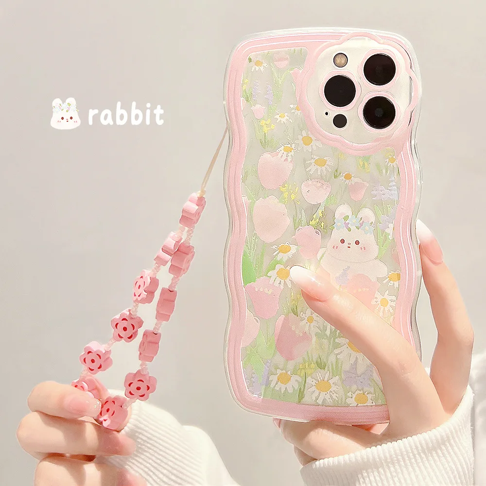 Cute Flower Cartoon Wavy Case For iPhone 14 13 12 11 Pro Max XR XS X 7 8 Plus SE 2022 Soft Silicone Bumper Cover With Hand Rope