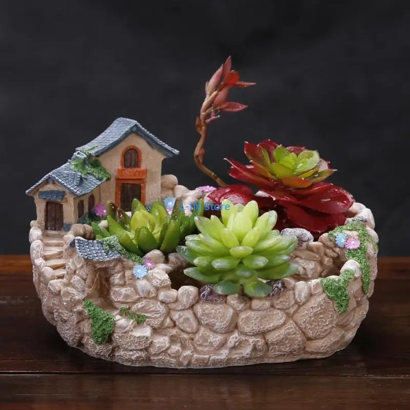 Fairy Resin Planter Modern Garden thu nhỏ Ngôi nhà ngọt ngào hoa DIY chậu bonsai cho cây mọng nước ngoài trời