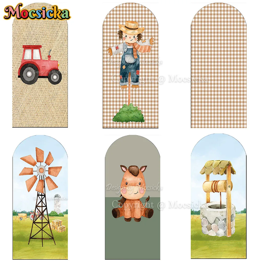 

Mocsicka Farm-Themed Birthday Party Arch Cover Backdrop Scarecrow Tractor Windmill Plaid Background Newborn Photobooth Studio