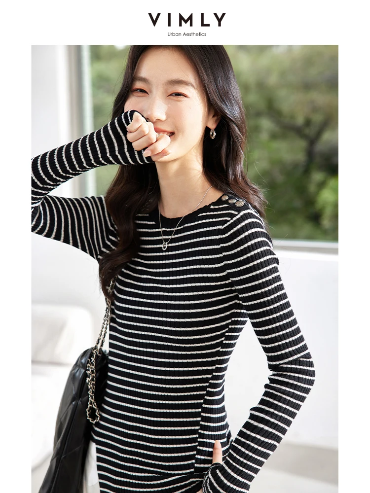 VIMLY Women's Black White Striped Commuter Knitted Sweaters Autumn Casual Irregular Long Sleeve Versatile Slim Knit Pullovers