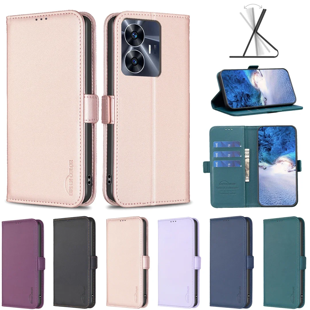 Fashion Leather Flip Phone Case Wallet Magnetic Buckle Flip Leather Case for Realme C33 C35 C53 C55 9i Cover Business Back Cover