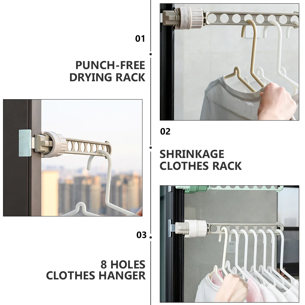 2 Pcs Clotheshorse Collapsible Rack Travel Clothesline Window Plastic 8 Holes Clothing Punch-free Retractable