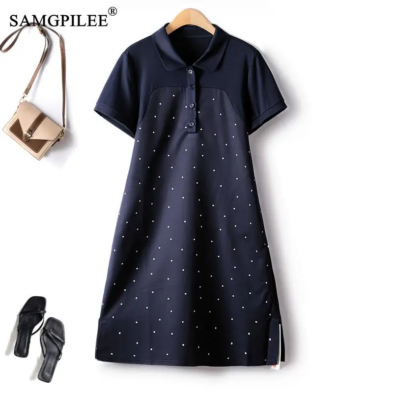 

Dresses For Women 2023 Summer New Classic Polka Dot A Line Stitching Peter Pan Collar Loose Waist Casual Short Sleeve Dress 4XL