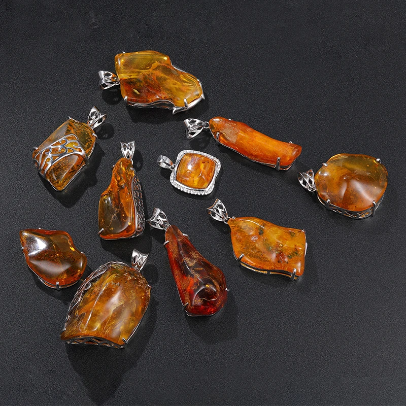 XYOP Natural Red Yellow Resin Amber 925 Sterling Silver Pendant Necklace Luxury Amber Gemstone Necklace  Souvenir Gift