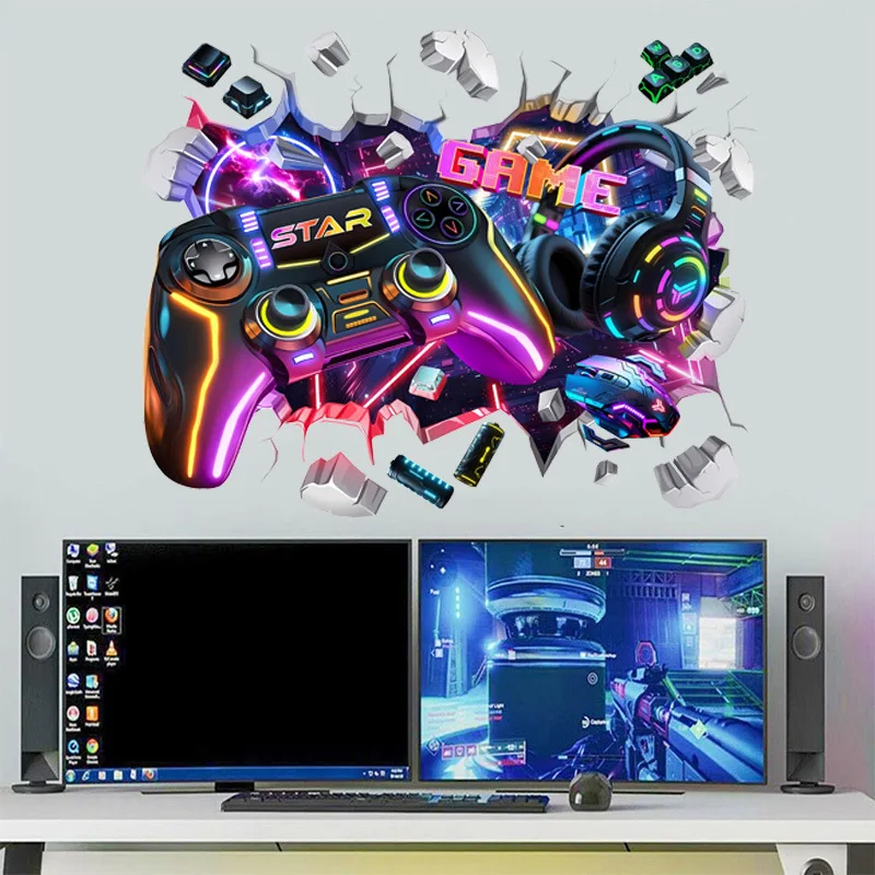 Larger Cool Game Controller Graffiti Wall Hole Art Vinyl Stickers for Level up Gamer Kids Bedroom Gaming Room Home Decoration