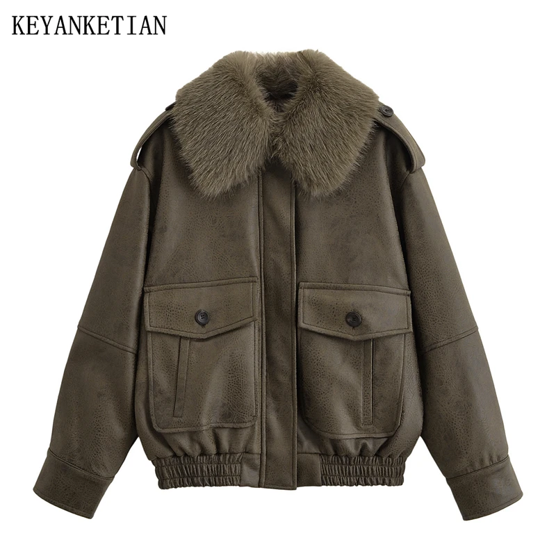 

KEYANKETIAN осенне-зимняя новая женская куртка с меховым воротником, съемная нашивка на плечо, флип-кишеня, потертая из искусственной кожи