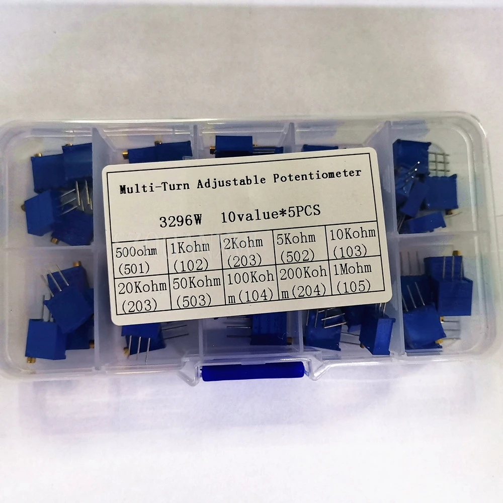 50pcs/lot 3296W series 500R 1K 2K 5K 10K 20K 50K 100K 200K 1M multi-turn potentiometer 10K Variable resistors With box set