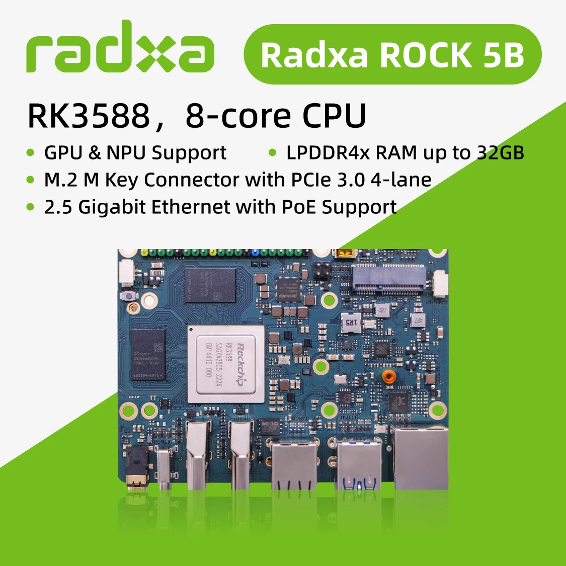 Radxa ROCK 5B Blue RK3588 8-core CPU SBC, HDMI with 8K Output, and M.2 M Key Connector with PCIe 3.0, Single Board Computer