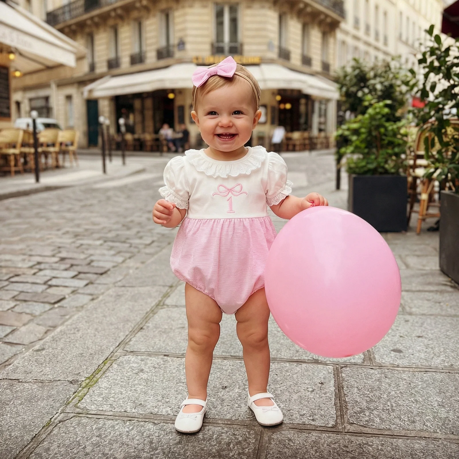 Baby Girls First Birthday Outfits Number Bow Embroidery Short Sleeve Round Neck Romper and Headband Set