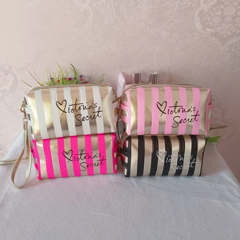 

NEW PINK STRIPED MAKEUP COSMETIC CASE BAG CLUTCH POUCH