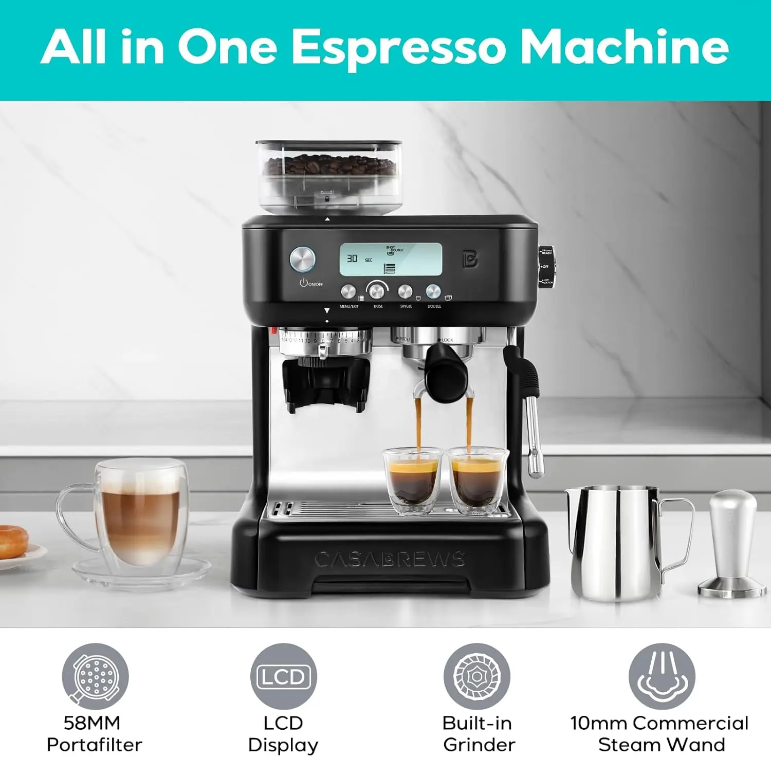 Machine with Grinder, Professional Cappuccino Latte Machine with Powerful Milk Steam Wand, Barista Espresso Maker