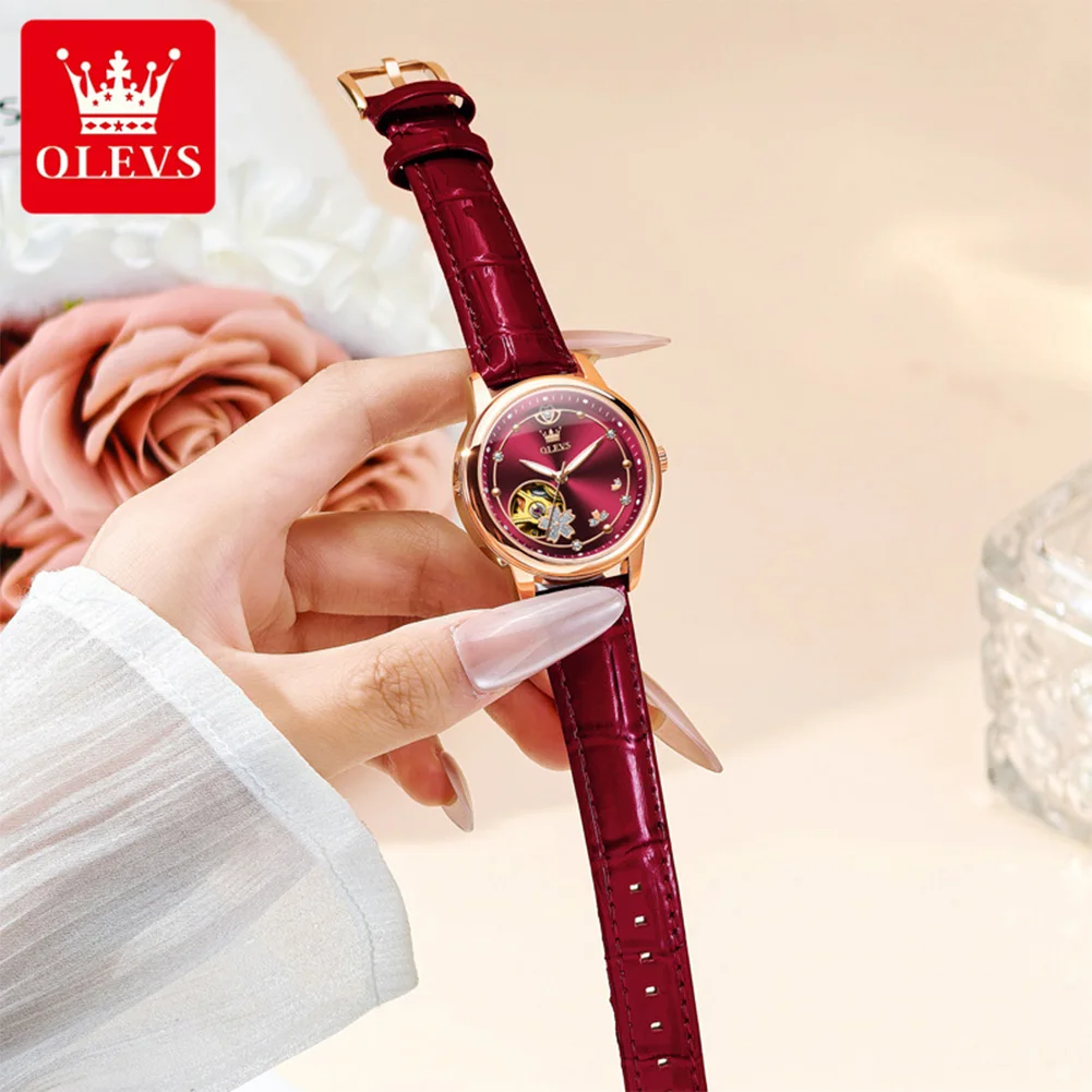 OLEVS الأصلي الهيكل العظمي توربيون ساعة للنساء التلقائي الميكانيكية الفاخرة ساعة اليد مقاوم للماء ساعات أنيقة هدايا النساء