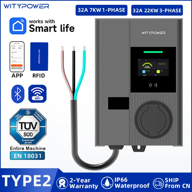 

WityPower Socket Version EV Charging Station 3Phase 22KW Fast Electric Vehicle Charger Type2 7KW 1Phase AC Wallbox Car Charger