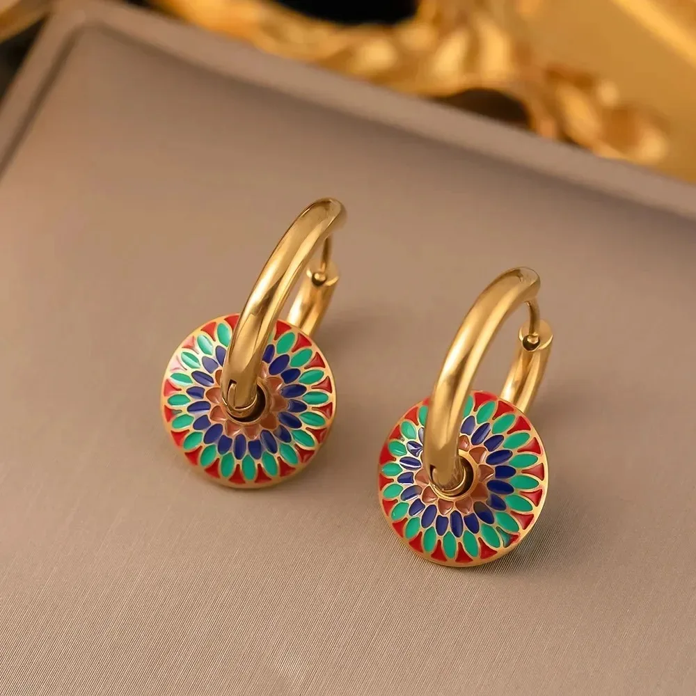 Charm Colorful Enamel Daisy Flower Gold Color Stainless Steel Pendant Necklace Hoop Earrings for Womens Jewelry Set Accessories