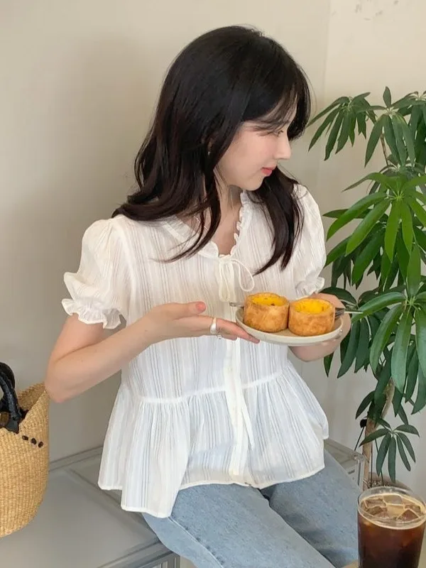 

Korean Retro Floral ort Sve Bubble Sve irt Women's Sweet Youthful Cute Single Button Summer Top Small Size