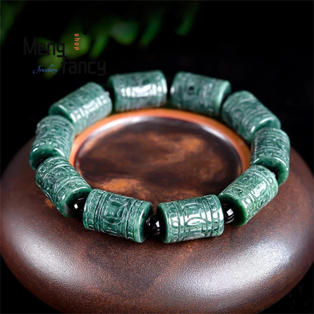 Natural Myanmar A-grade Jadeite Oil Green Engraved Flower Barrel Beads Lutong Ice Jade Beads Strings Bracelet Fashion Jewelry