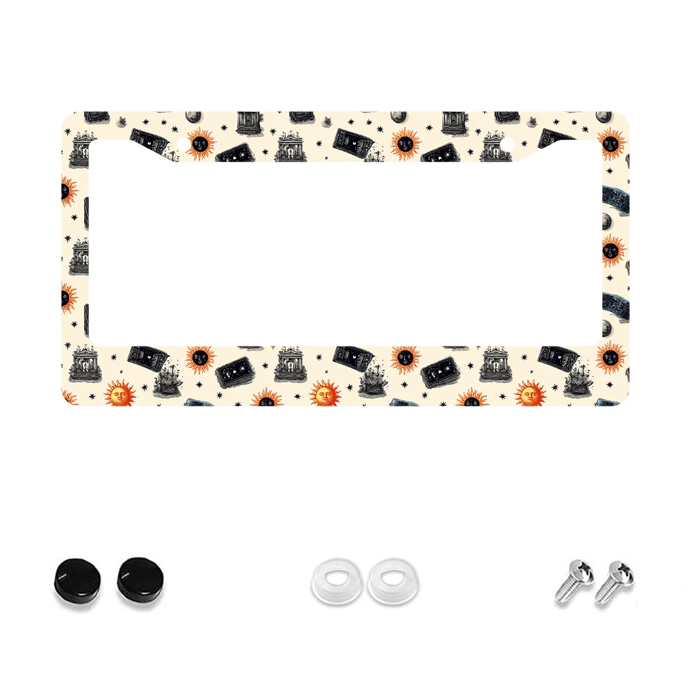 

1 шт., рамка для номерного знака с 2 отверстиями в стиле ретро, оранжевый, Солнце и Луна, алюминиевый материал, 6x12 дюймов, с набором винтов, винтажная новинка, автомобиль D