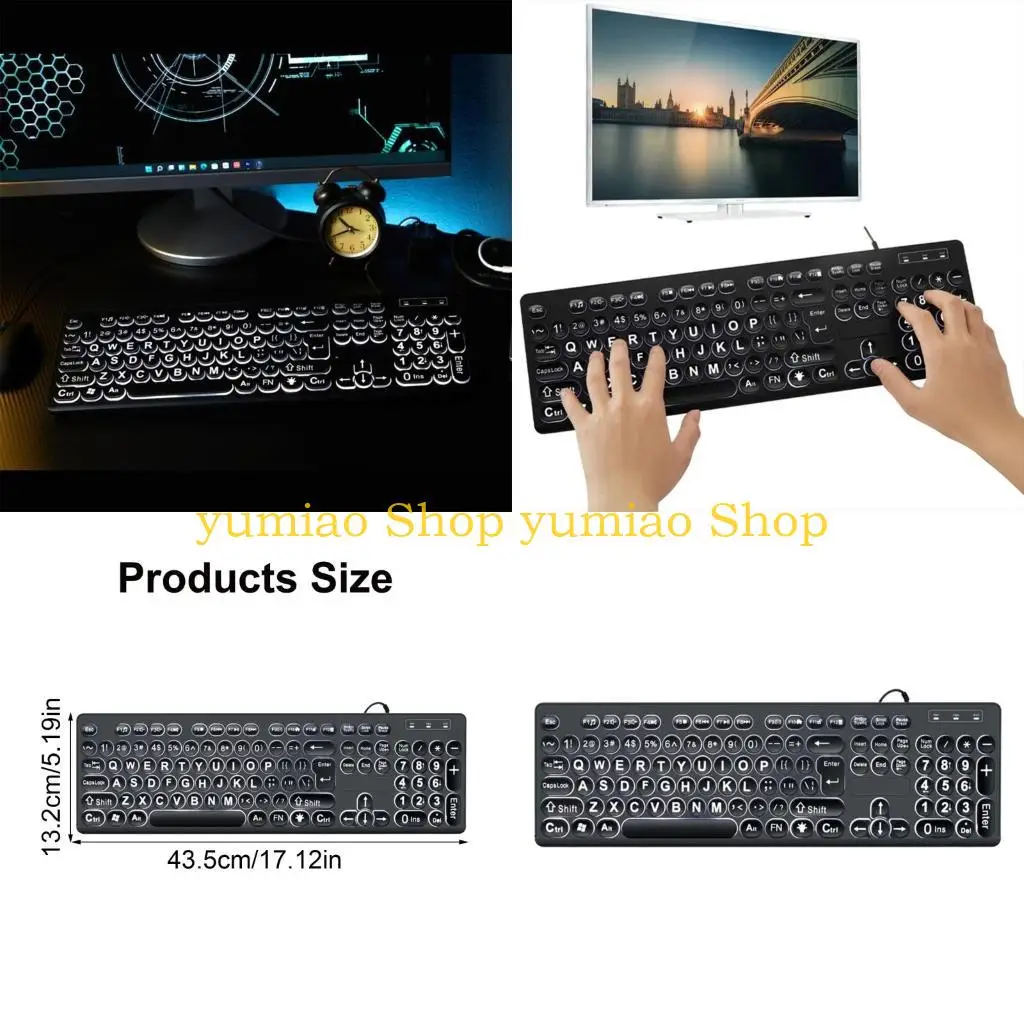 587B LED White Backlit Illuminated Large Print Letter USB Cord 104Keys for Desktop